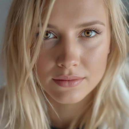 Over-the-shoulder close-up of  blond white Russian woman, blonde hair framing her face, brown eyes locked on the camera, sharp nose,  subtle smile on  soft pink lips straight ahead in a calm expression,, (hyperrealistic:1.3), (photorealistic:1.2), cinematic lighting, ultra-detailed facial features.” straight ahead in a calm expression, (hyperrealistic:1.3), 8k resolution, high dynamic range, intricate face details.”