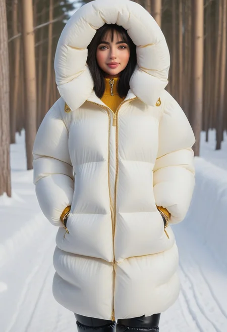((((puffer padded jacket)))), ((((puffer padded coat)))), ((((full body)))), ((((fur boots)))), ((((puffer pants)))), ((((puffer hood up)))), winter, snow, forest, 1girl, solo, (masterpiece), detailed face, detailed eyes, (beautiful detailed eyes:1.5), sidelighting, (super detail, hyper detail, intricate_details, detailed), (semi realistic:1.6), (Bob cut), blunt bangs,(black hair), (purple eyes, eyelashs), tanned skin, smug smile, angry face, Golden jewelery, golden rings, golden necklace, golden armlets, golden chains, padded cuffs, padded collar, Thick padded cuffs, Thick padded collar, <lora:Collar-SDXL:0.6>, <lora:Cuffs-SDXL:0.6>, <lora:Puffer_Jacket_and_Down_Jacket_-_Extra_Puffy_Jackets:0.4>, <lora:snowpants_v1:0.4>