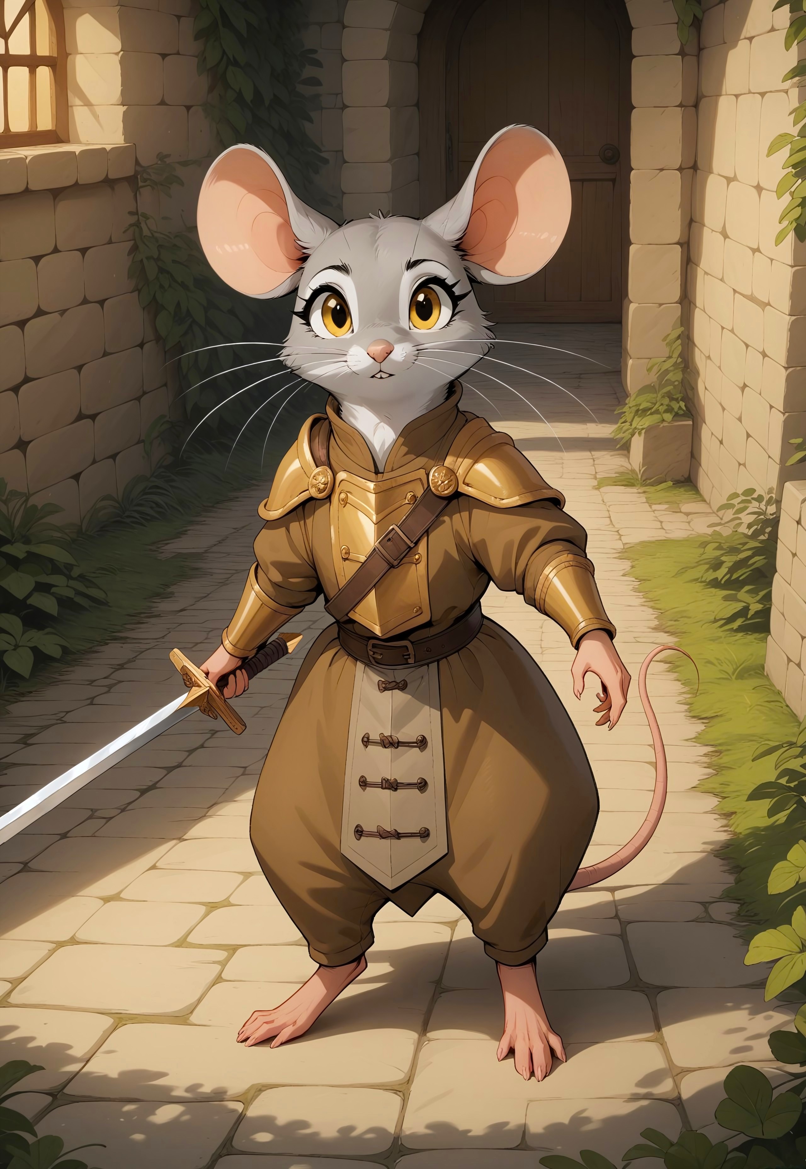 score_9, score_8_up, score_7_up, score_6_up, score_5_up, score_4_up, m0use_maximilla, in the style of Beatrix Potter, (cute:2), (feral:0.5), golden eyes, grey fur, white fur, ((brown adventurers outfit), medieval), (pants:1.2), dungeon, ((holding long curved sword:1.4)), ((full body shot), zoom out:2), high angle view, (dynamic pose:1.5), (action pose:0.9), look at viewer, (armor:1.5), outdoors, nature, arid, (black eyebrows:1.3), (annoyed expression:1.5)