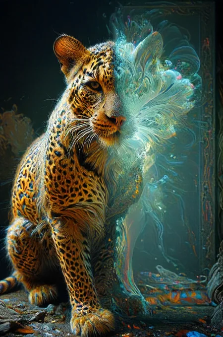 overlay of a sharp leopard in focus layered on top of a BREAK clear holographic glass mirror with a picture transparent after-image that is out-of-focus in the background, illusion of depth, motion, double exposure, <lora:- SDXL - vanta-black_contrast_V3.0:0.4>, <lora:- SDXL - ptm-no2_style_V1.0:0.2>, <lora:- SDXL - otclillsn_impossible_geo_V1.0:0.4>, <lora:MHXL_Tri_Diffusion:0.7>, <lora:- SDXL - lentclr_effect_V1.0:0.5>, <lora:cyberui_sdxl:0.7>, <lora:ghost_in_the_mirror:0.8>, <lora:xray:0.8>, <lora:Double Exposure XL:0.8>, <lora:DonM50und0fMu51cXL:0.8>, <lora:- SDXL - n-eeyblch_eye_bleach_V1.0:-.5>, <lora:artfullyTREELUSION_SDXL_V1:0.8>, <lora:tbh157-sdxl:0.4>
