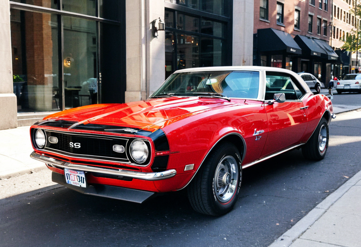 ClassicMuscleCar, Chevrolet Camaro, front side view, sunny, New York street, headlights, 4K, highly detailed, (stylish grainy analog 35mm film photo)