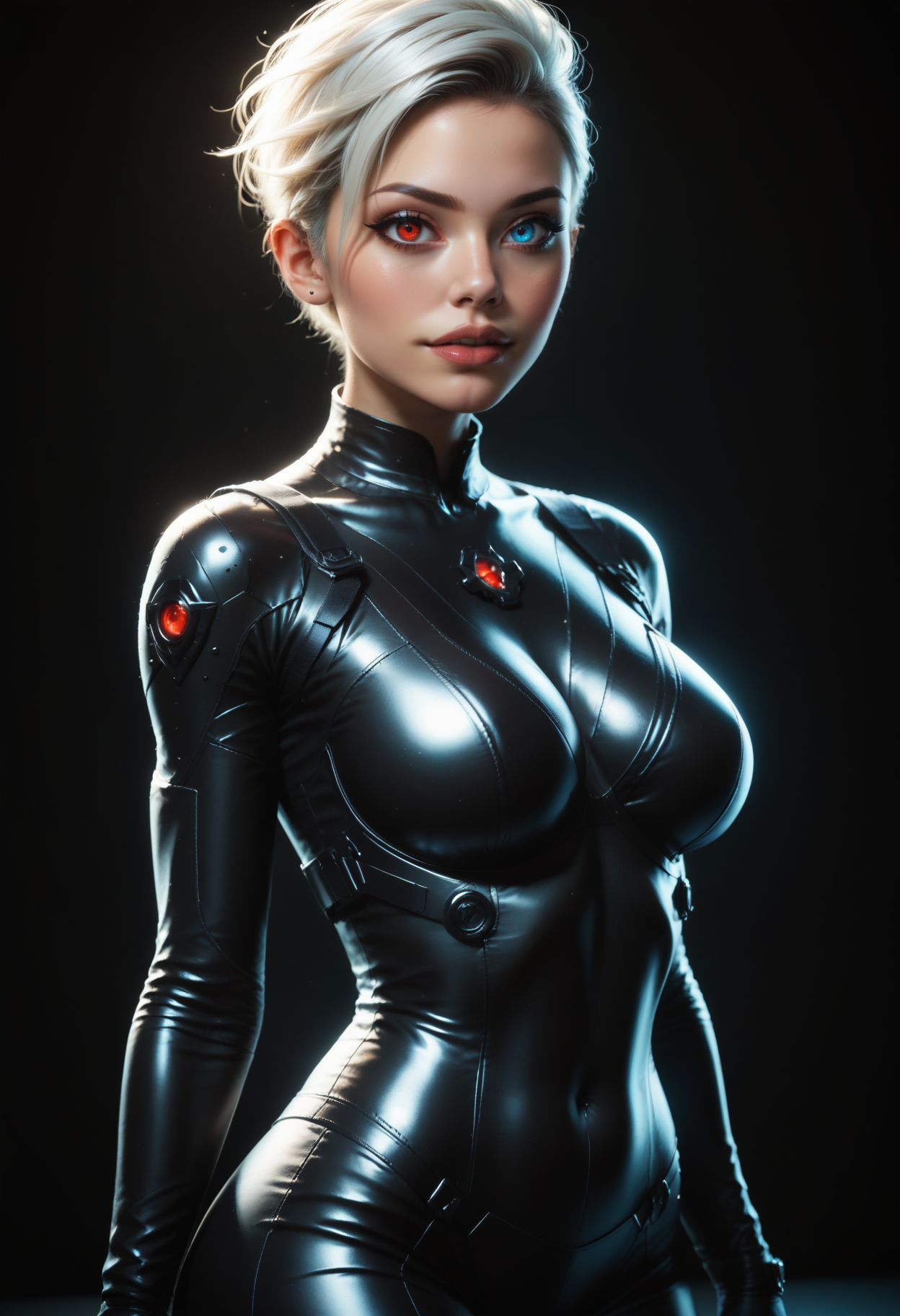 score_9, score_8_up, score_7_up, source_photo, realistic,
1girl, solo, 21yo, beautiful eyes, large lips, freckles, white hair, undercut, large breasts, skinny, toned, dark skin,
((black bodysuit, body armor, tactical gear, futuristic)),
(simple blurred background, depth of field), ((naughty expression, sexy pose, cowboy shot, dynamic angle)),
erotic, elegant, sensual, seductive, bright colors, high contrast, dark background, vivid lighting,
zPDXL, <lora:Dark_Heterochromia_Pony_v0.4:0.5> heterochromia, right eye red, left eye blue,