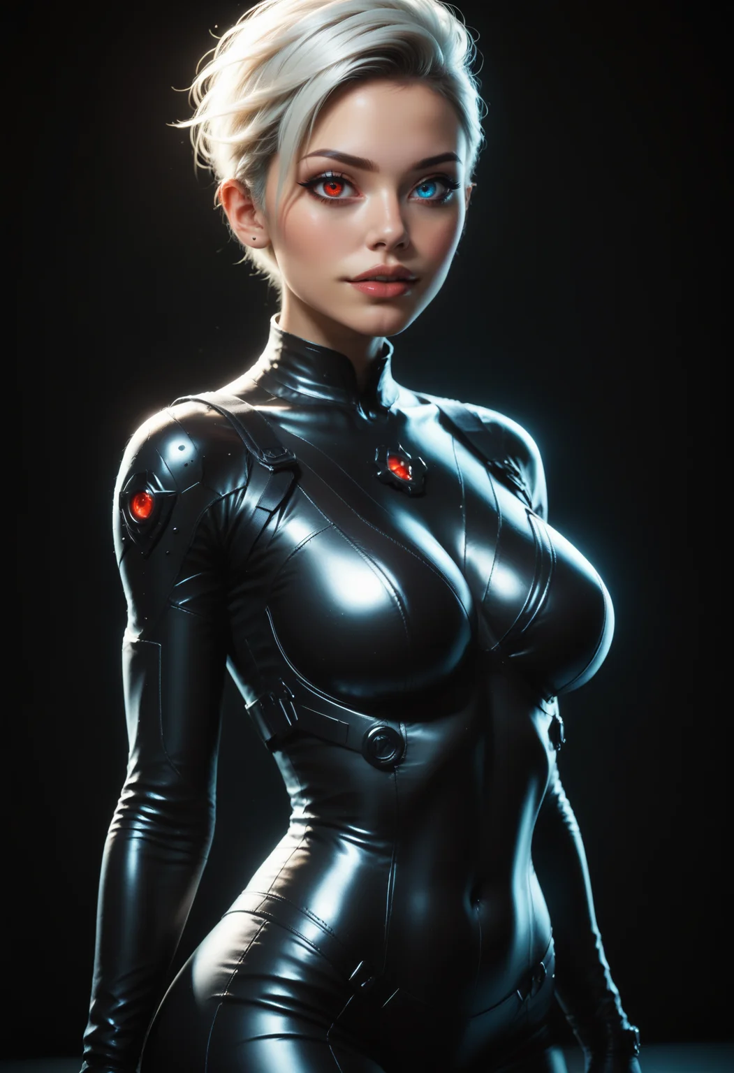 score_9, score_8_up, score_7_up, source_photo, realistic,
1girl, solo, 21yo, beautiful eyes, large lips, freckles, white hair, undercut, large breasts, skinny, toned, dark skin,
((black bodysuit, body armor, tactical gear, futuristic)),
(simple blurred background, depth of field), ((naughty expression, sexy pose, cowboy shot, dynamic angle)),
erotic, elegant, sensual, seductive, bright colors, high contrast, dark background, vivid lighting,
zPDXL, <lora:Dark_Heterochromia_Pony_v0.4:0.5> heterochromia, right eye red, left eye blue,