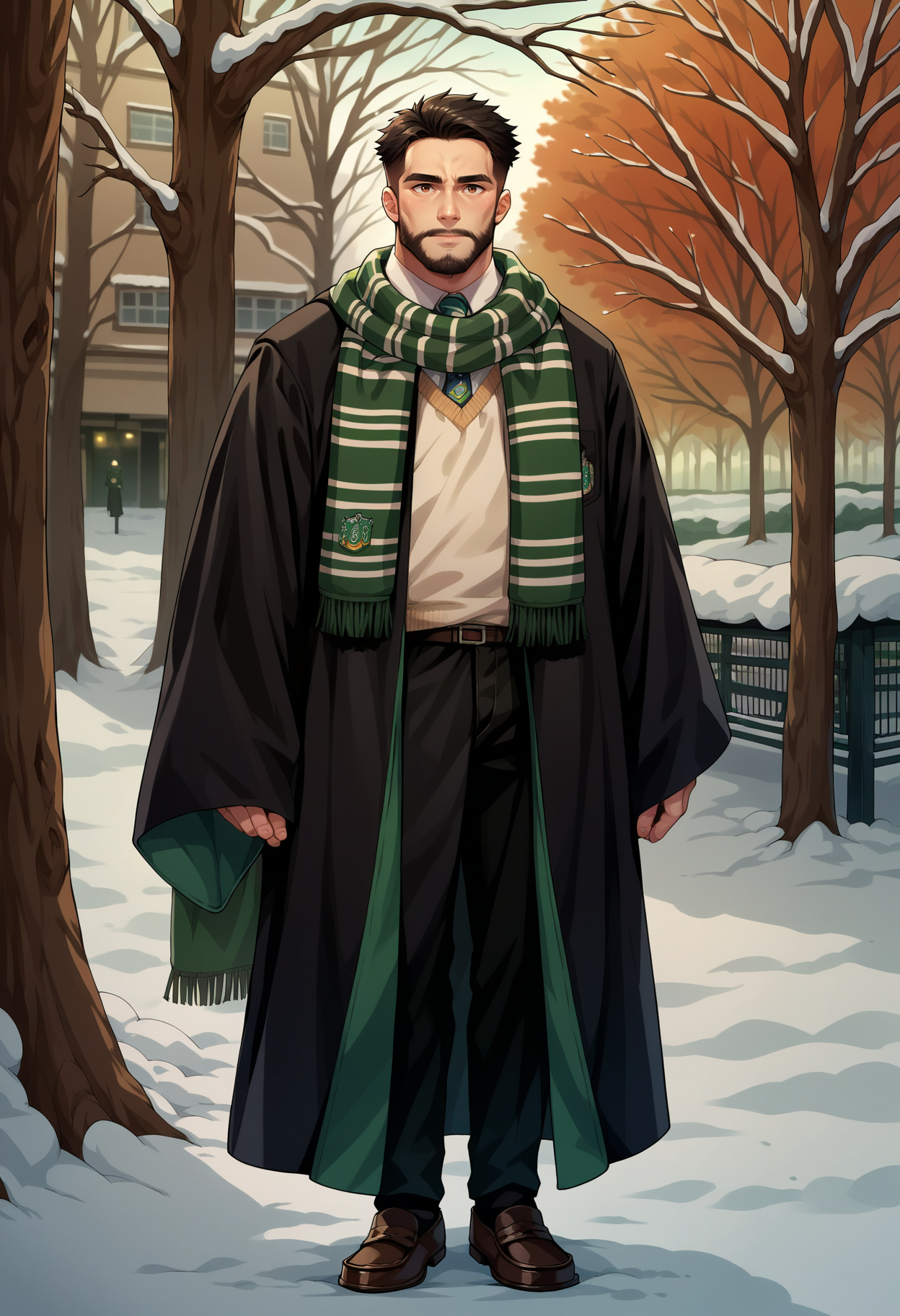 score_9, score_8_up,score_7_up, source_anime, rating_questionable, 1boy, solo, medium hair, beard, brown eyes, black hair, <lora:EPRobeSlytherinPDXL:1.0>, EPRobeSlytherin, wearing EPRobeSlytherin, black robe, wide sleeves, sleeves past wrists, white shirt, collared shirt, sweater, badge, black pants, black loafers, standing,  green scarf, striped scarf,  fringe trim, outdoors, park, tree, winter, snow,