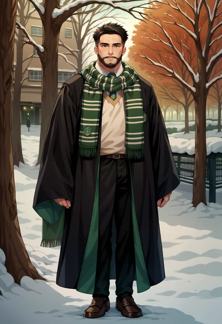 score_9, score_8_up,score_7_up, source_anime, rating_questionable, 1boy, solo, medium hair, beard, brown eyes, black hair, <lora:EPRobeSlytherinPDXL:1.0>, EPRobeSlytherin, wearing EPRobeSlytherin, black robe, wide sleeves, sleeves past wrists, white shirt, collared shirt, sweater, badge, black pants, black loafers, standing, green scarf, striped scarf, fringe trim, outdoors, park, tree, winter, snow,