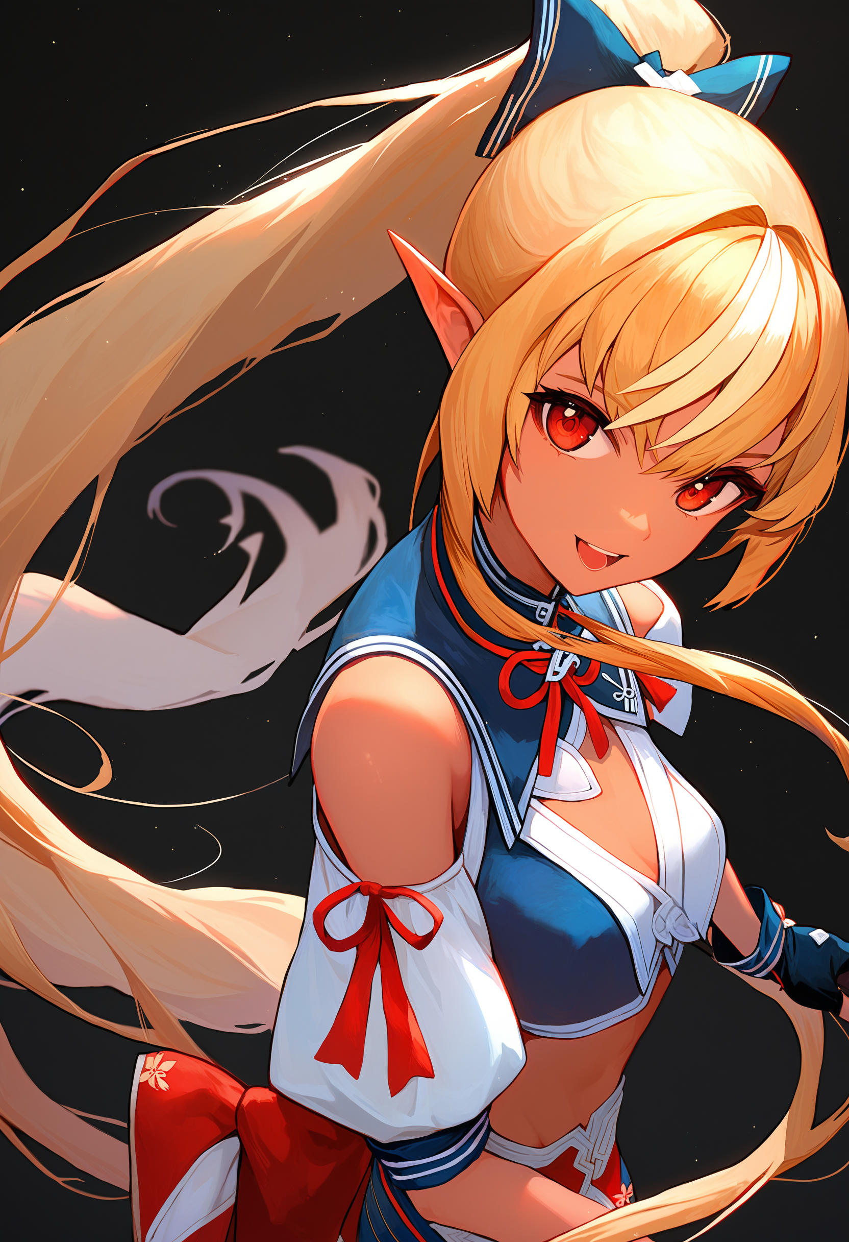 shiranui flare, 1girl, virtual youtuber, dark-skinned female, dark skin, blonde hair, pointy ears, hair bow, shoulder cutout, red eyes, multicolored hair, streaked hair, black gloves, clothing cutout, hair intakes, bare shoulders, underbust, partially fingerless gloves, sidelocks, high ponytail, very long hair , solo, smile, open mouth, looking at viewer, standing, cowboy shot, straight-on, black background, simple background,
score_9, score_8_up, score_7_up, score_6_up, source anime, absurdres, masterpiece, best quality, very aesthetic
<lora:hololive_allmems_dora_v1:1>