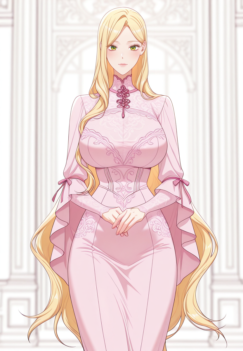 zPDXL3, score_9_up, score_8_up, score_7_up, ,Masterpiece,(perfect female body:1.2), small waist, (incredibly detailed:1.4), beautiful fingers, (large breasts:1.4) looking at viewer, huge breasts,  <lora:Aria_Roscente_-_The_Villainess_Reverses_the_Hourglass-Kaleid_Illustrious:1>aria roscente, 1girl, green eyes, blonde hair, very long hair, eyelashes, pink dress, dress, long dress, hair behind ear