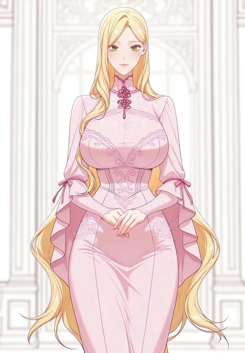 zPDXL3, score_9_up, score_8_up, score_7_up, ,Masterpiece,(perfect female body:1.2), small waist, (incredibly detailed:1.4), beautiful fingers, (large breasts:1.4) looking at viewer, huge breasts, <lora:Aria_Roscente_-_The_Villainess_Reverses_the_Hourglass-Kaleid_Illustrious:1>aria roscente, 1girl, green eyes, blonde hair, very long hair, eyelashes, pink dress, dress, long dress, hair behind ear