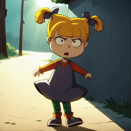 score_9, score_8_up, score_8_up, screenshot, break, solo, 1girl. blonde hair, twintails, dress, polka dot leggings, hair bow, outdoors, natural lighting, sunlight, shadows,