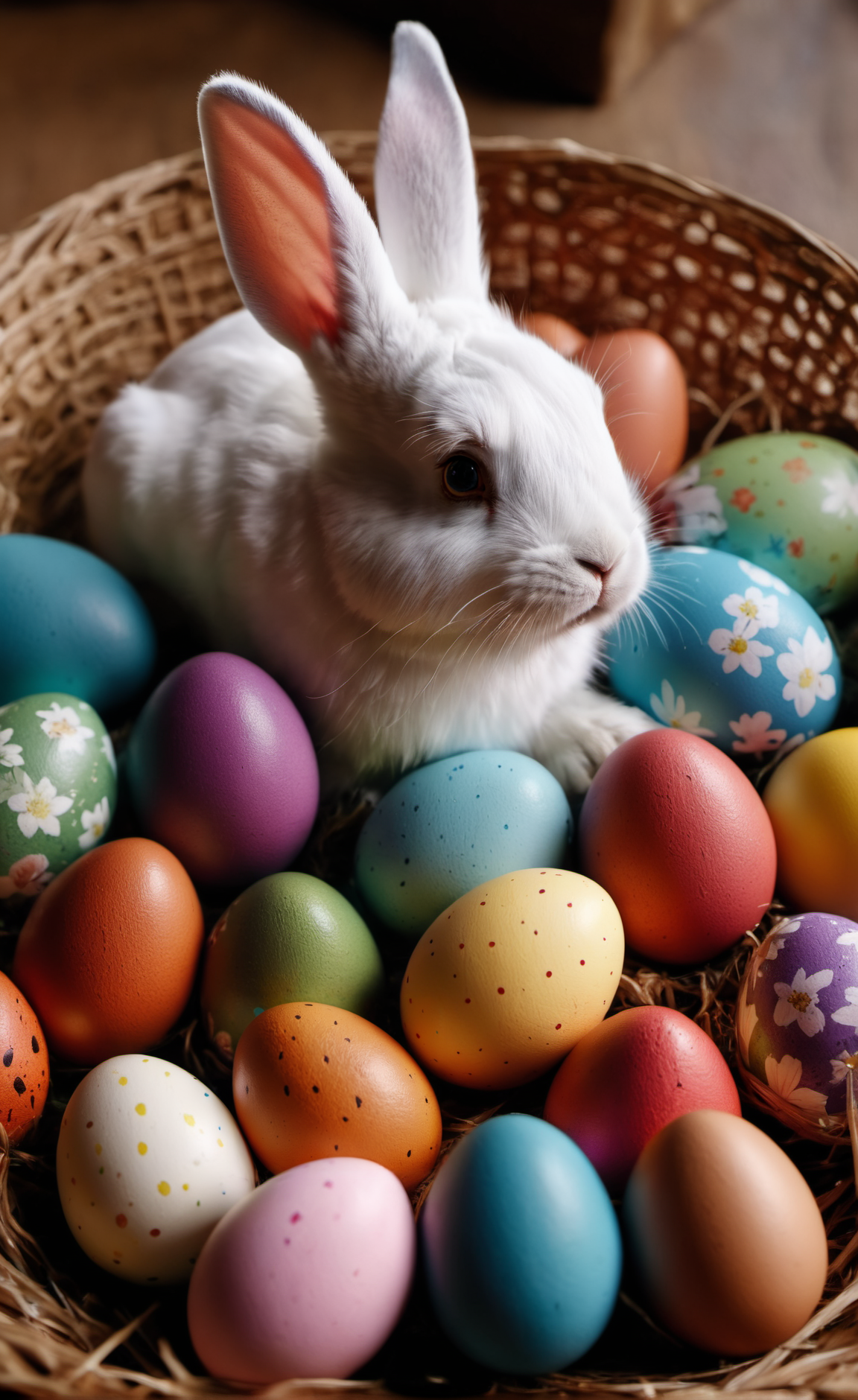 basket full of ornately decorated easter eggs,bunny rabbit,vivid contrast,vivid colors, Hyperrealistic art cinematic film still photography in the style of detailed hyperrealism photoshoot