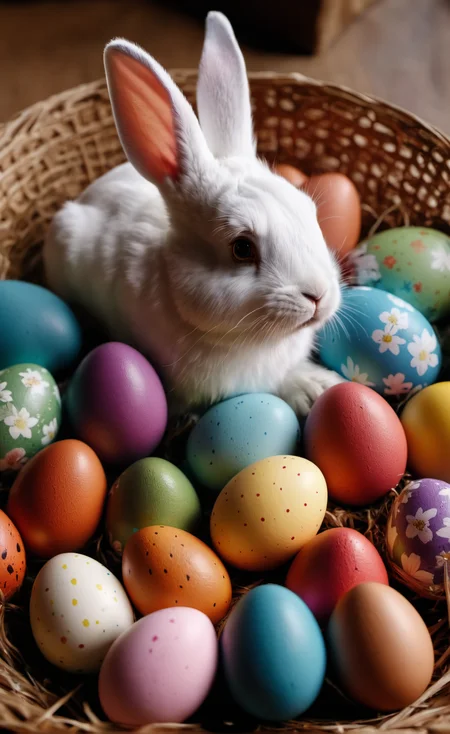 basket full of ornately decorated easter eggs,bunny rabbit,vivid contrast,vivid colors, Hyperrealistic art cinematic film still photography in the style of detailed hyperrealism photoshoot