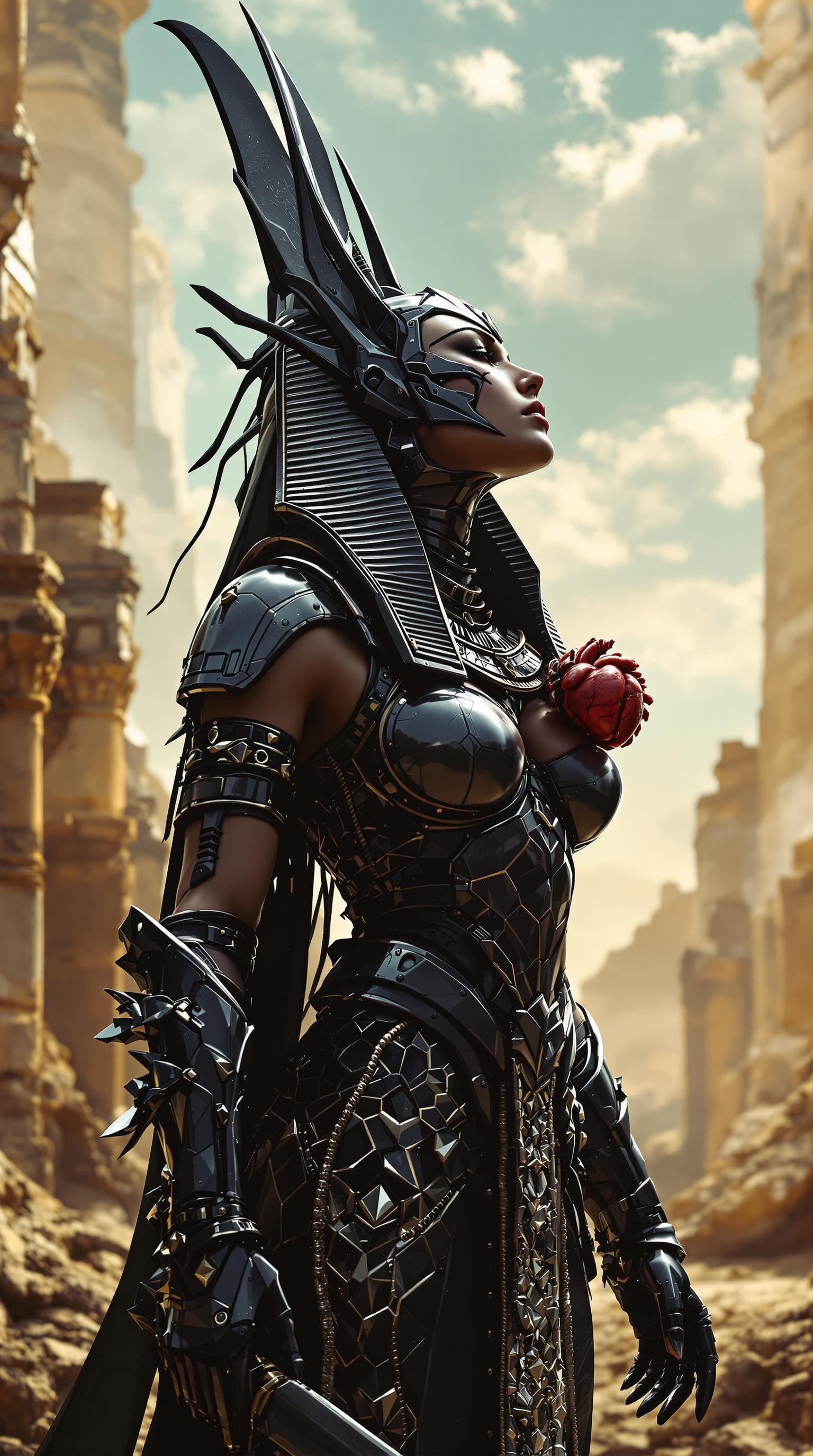 high quality photorealistic image of an beautiful, sassy ancient, beautiful Space Egyptian Female Warrior, very detailed armor, Anubis Headpiece made of glossy black metal, Sacrificial Dagger in her right hand. An anatomically correct human heart in her left hand. Her head is bent back at an extreme angle, glancing up at the sky. seen standing full height, head to toe. geometry, vector, symmetry ,ruins, runic, tribal, realism, ray tracing, 64k, UHD, dystopian background
