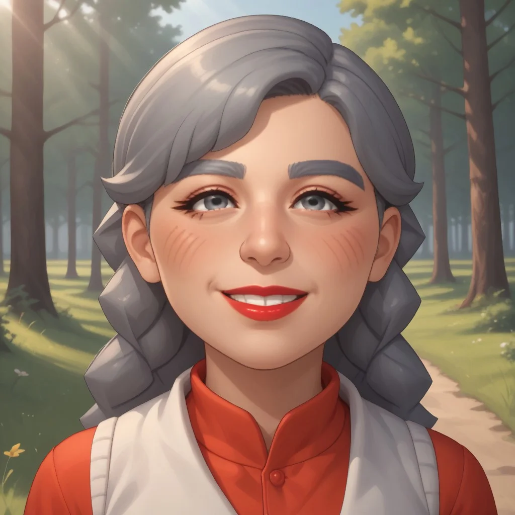score_9, score_8, BREAK, solo, mii, wii u, gray hair, female mii, 1girl, old woman, wii sports club, gray eyebrows, gray eyes, big nose, blush, facial features, red lips, lipstick, smile, teeth, (red clothing), white pants, flip flops, Joana_(\Wii_Sports_Club\), cute, medium breasts, Nintendo Mii, modern_mii, classic_mii, sexy pose, smile, outdoors, sunlight, shadows, evening lighting, natural lighting, forest, trees, grass, orange sky, sunset