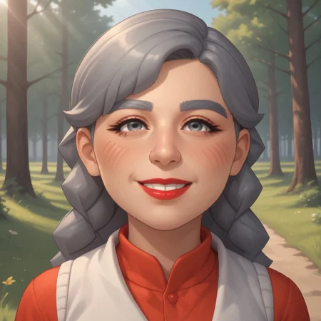 score_9, score_8, BREAK, solo, mii, wii u, gray hair, female mii, 1girl, old woman, wii sports club, gray eyebrows, gray eyes, big nose, blush, facial features, red lips, lipstick, smile, teeth, (red clothing), white pants, flip flops, Joana_(\Wii_Sports_Club\), cute, medium breasts, Nintendo Mii, modern_mii, classic_mii, sexy pose, smile, outdoors, sunlight, shadows, evening lighting, natural lighting, forest, trees, grass, orange sky, sunset