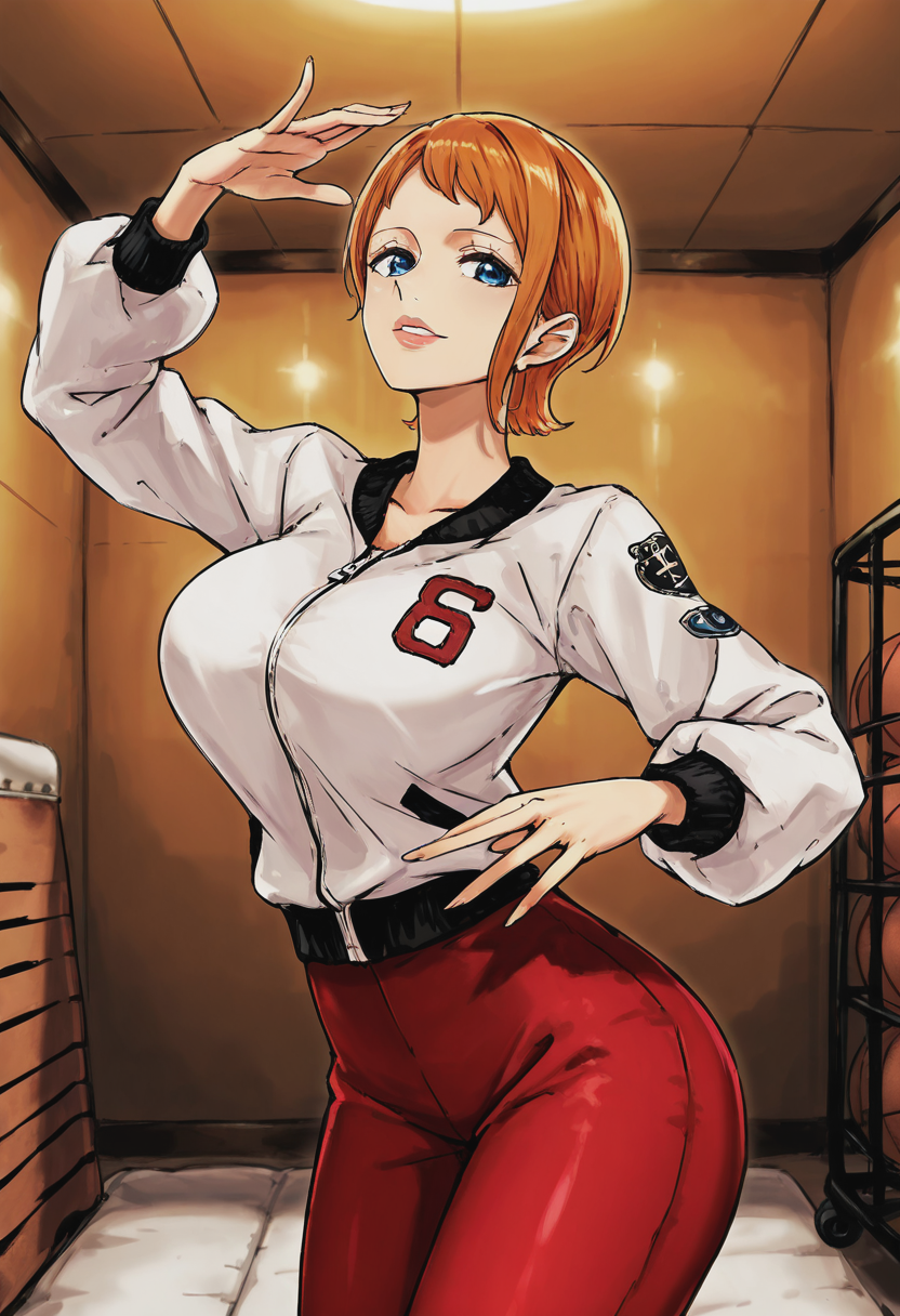 score_9, score_8_up, score_7_up, source_anime, 1girl, large_breasts, mature_female, solo, looking_at_viewer, open_eyes, Dancing in a flamenco pose, panorama, Alice blue Bomber Jacket, very short hair, mohican, Ginger hair, gym storeroom, cropped_arms, rating_safe, <lora:Illustrous\shellmaru:0.9>