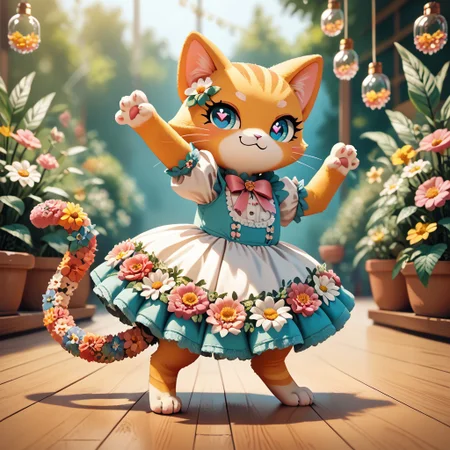 score_9, score_8_up, score_8, source_furry,
slimes_flowerwm,
1girl, solo, (cat:1.05), cute, heart pupils, smug, tail, standing, dancing,
blurry background, dress made of flowers,
sunny meadow background,
pikaole