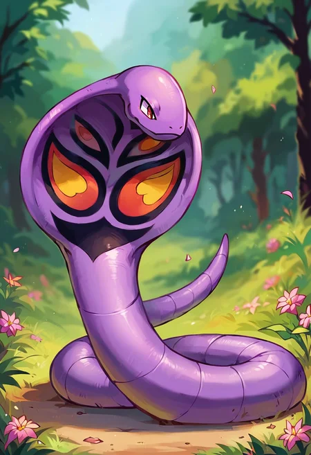 score_9, score_8_up, score_7_up, score_6_up, source_furry, solo, blurred background, dof, full-length portrait, <lora:POKEMON_ARBOK:1> arbok, pokemon (creature), feral, snake