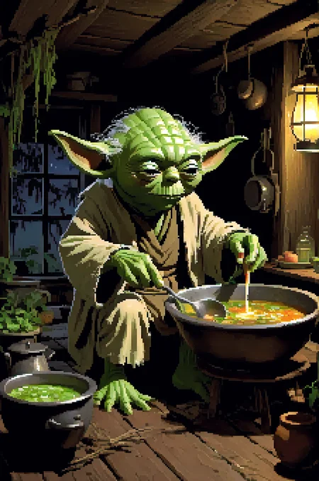 <lora:lucasarts style:1> lucasarts style, yoda making soup in his home at night, low ceiling, tiny primitive rustic house, swamp