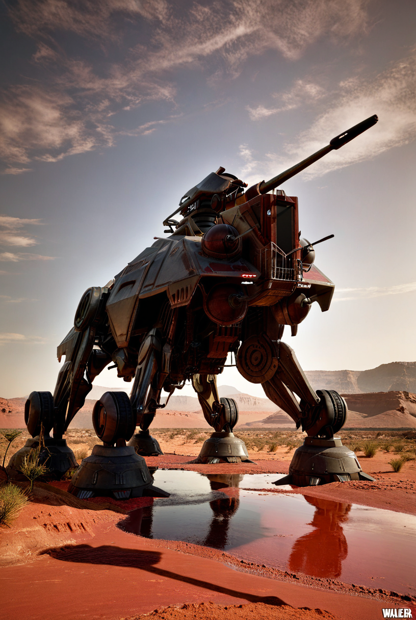 7-ATTE, at-te, dark lighting  [walker, mecha, giant, field of view, red sand, desert, dunes, accurate proportions, sharp image]  [reflections, accurate lighting, shadows, realistic, high quality photo, 4k, hd, smooth metallic surfaces, render, cgi]