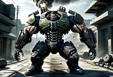 a cybermutant with tank treads as legs and gatling guns as arms,realistic,game cg,scene from resident evil