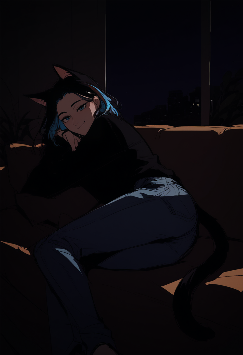 score_8_up, multicolored hair, sketch, looking at viewer, jeans, closed mouth, catgirl, indoors, on side, smile, light blush, night, rating_safe, on sofa
<lora:DarkerThanDarkV1:0.5>  <lora:NoctFlatStyleV4:0.5>