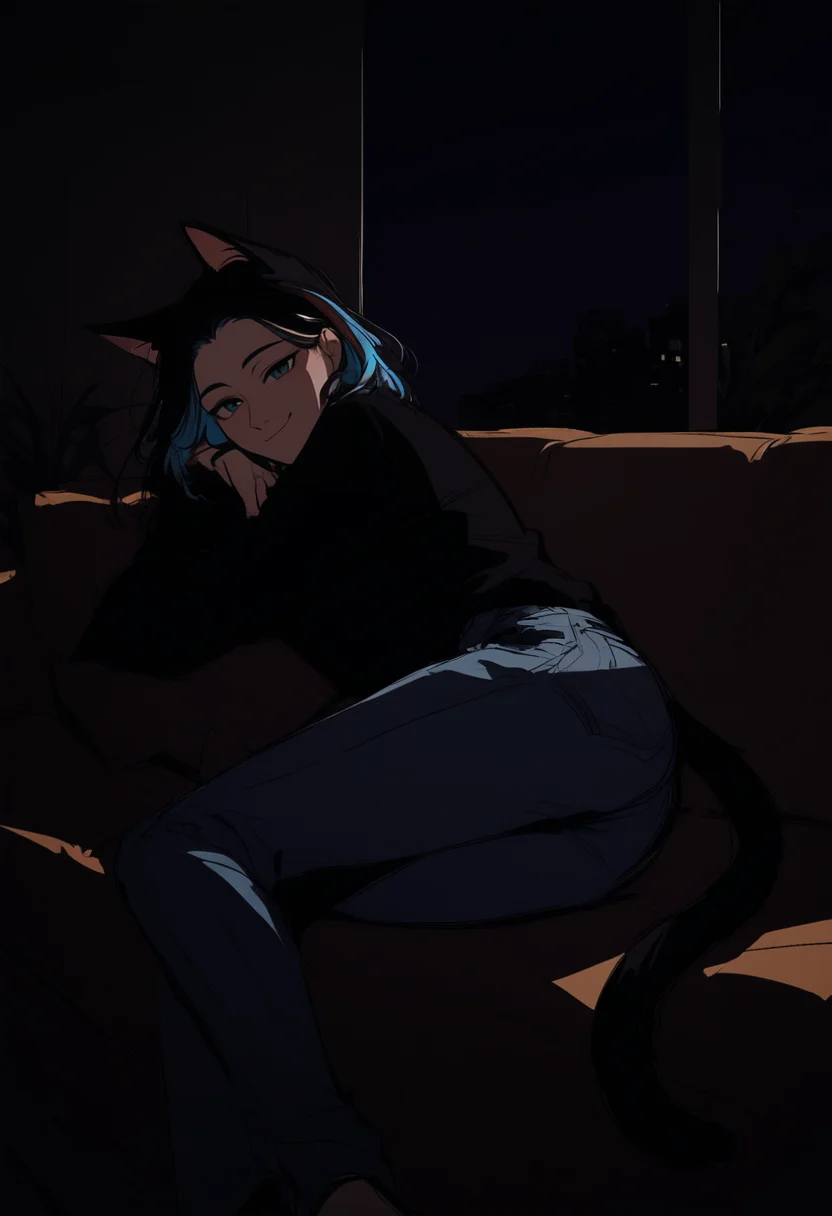 score_8_up, multicolored hair, sketch, looking at viewer, jeans, closed mouth, catgirl, indoors, on side, smile, light blush, night, rating_safe, on sofa
<lora:DarkerThanDarkV1:0.5>  <lora:NoctFlatStyleV4:0.5>