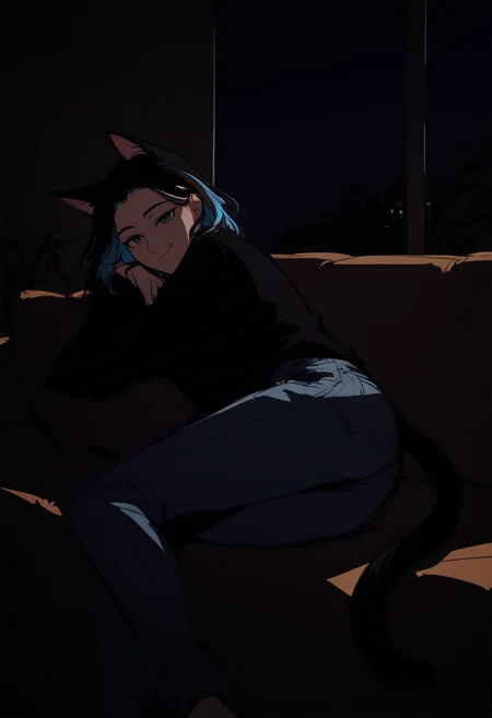 score_8_up, multicolored hair, sketch, looking at viewer, jeans, closed mouth, catgirl, indoors, on side, smile, light blush, night, rating_safe, on sofa
<lora:DarkerThanDarkV1:0.5> <lora:NoctFlatStyleV4:0.5>