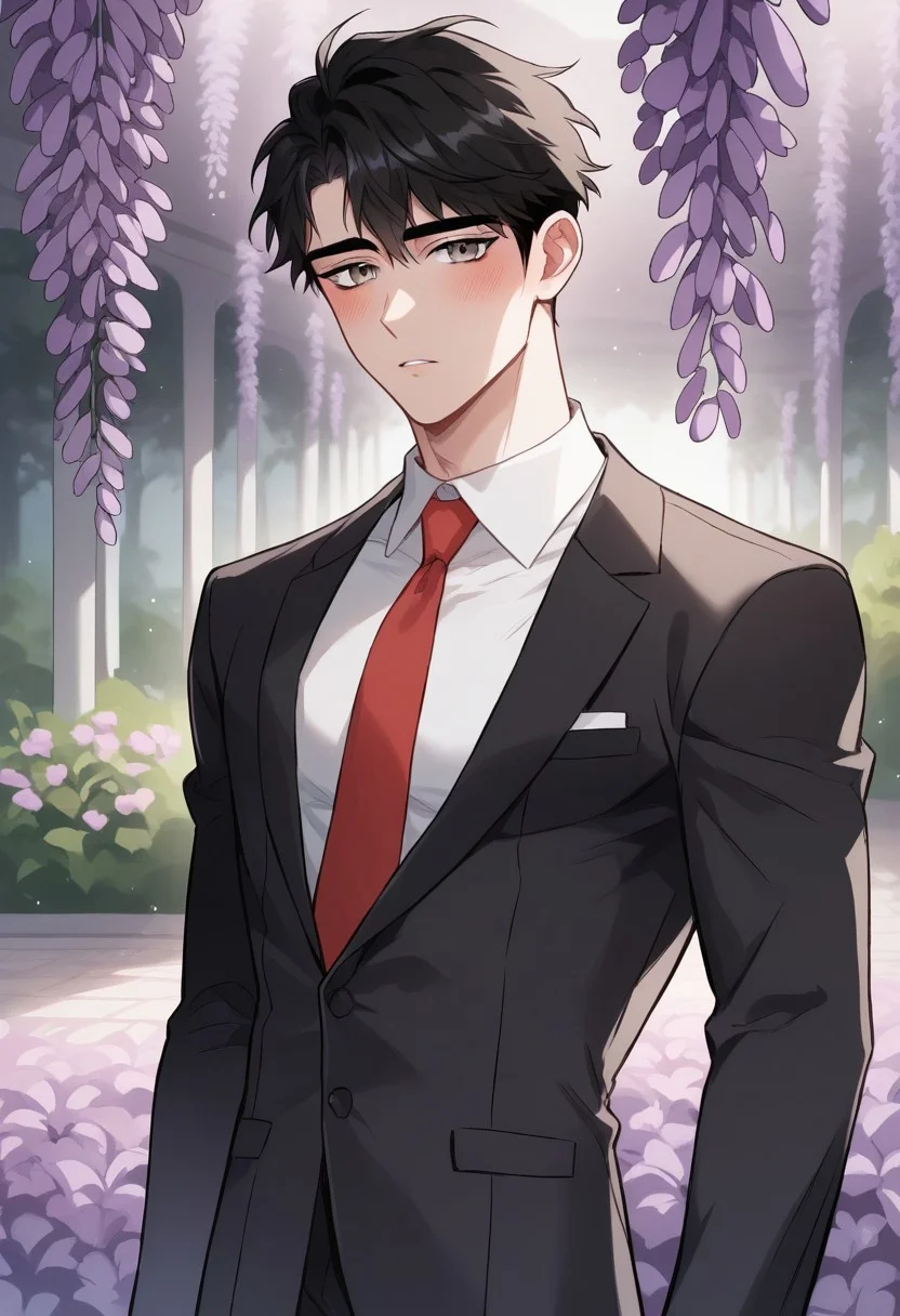 define relationship, score_9, score_8_up, masterpiece, high quality, hi res, digital painting, concept art, soft lighting, absurdres, male focus, ((1 boy, solo, male only, male focus)), (((karlyle))), ((black hair, hair combed back, gray eyes, big pecs, fit)), blush, highly detailed eyes, look at viewer, blush, highly detailed eyes, look at viewer, close up, cowboy shot, (standing, lavender flowers, lavender flower garden, villa, outdoors, wisteria trees, wisteria flowers), ((business suit, black suit, white shirt, red tie,)