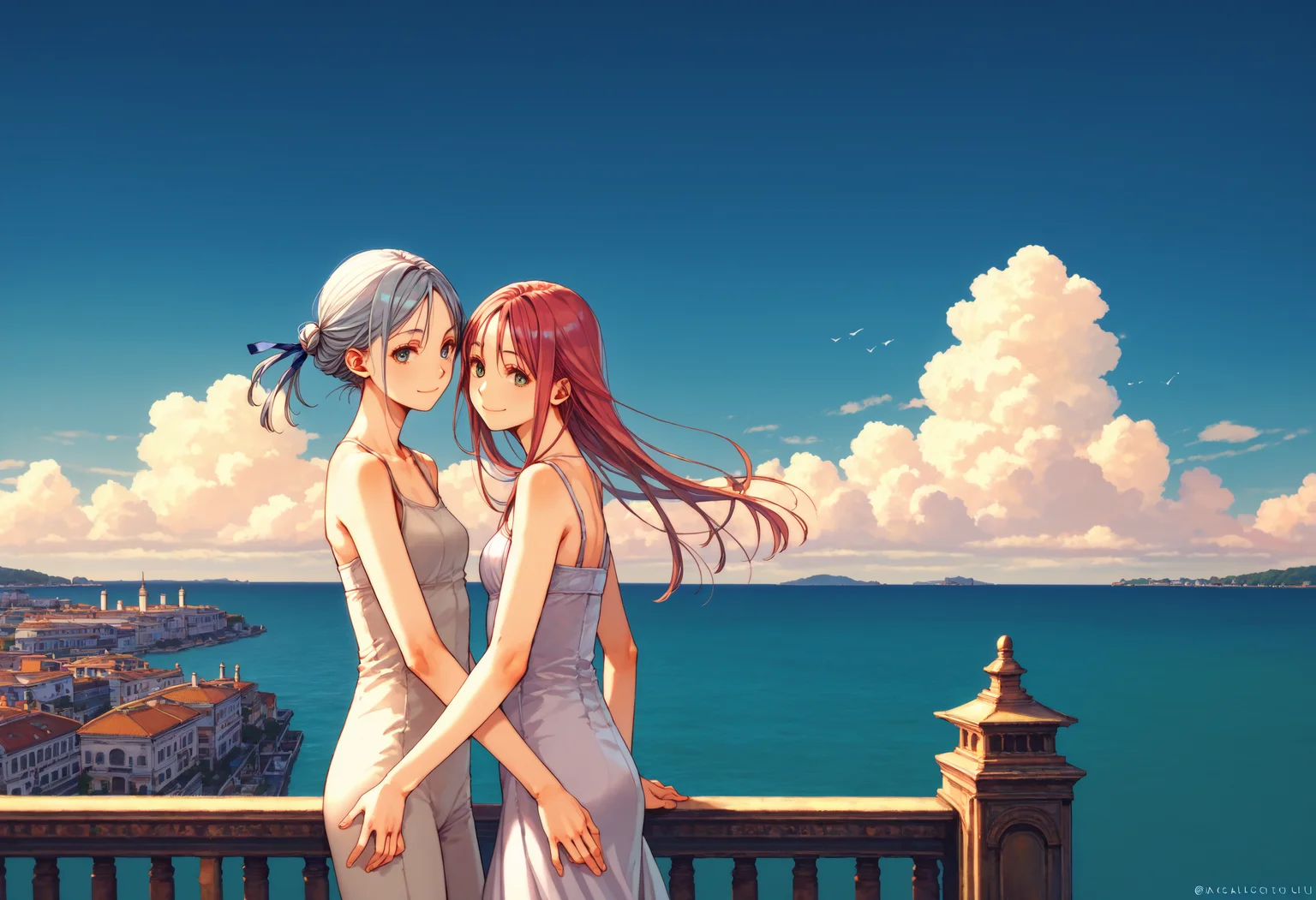 score_9, score_8_up, score_7_up, masterpiece, best quality, very aesthetic, absurdres,
<lora:Amano_Kozue_天éããã_Style_Pony-000010:1> (amano_kozue:1.2), aria \(manga\),
2girls, yuri, holding hands, clear eyes, gentle smile, skinny, body_slim, looking at viewer,
scenery, blue sky, cloud, ocean, venice,