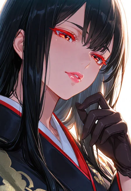 1girl, Takemura Youhei
\(Mato Seihei no Slave\),, adult woman, milf, masterpiece, black japanese kimono, hand up, black gloves, high collar, dark black hair, long hair, very long hair, luscious lips, lip gloss, portrait, colored eyelashes, backlighting, red eyes, goddess, glossy skin, ,hires,best quality, very aesthetic,absurdres,score_9, score_8_up, score_7_up, score_6_up, score_5_up, score_4_up, (hyper extreme detailed), (hyper quality), game CG, (colour:1.2),(from side:0.7)