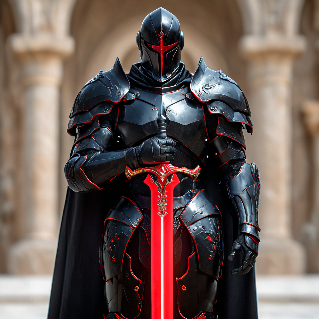 1man. male, solo, wearing black armor, holding red weapon infront of him, holding sword, cape, simple glowing background, HD, masterpiece, best quality, hyper detailed, ultra detailed, realistic image