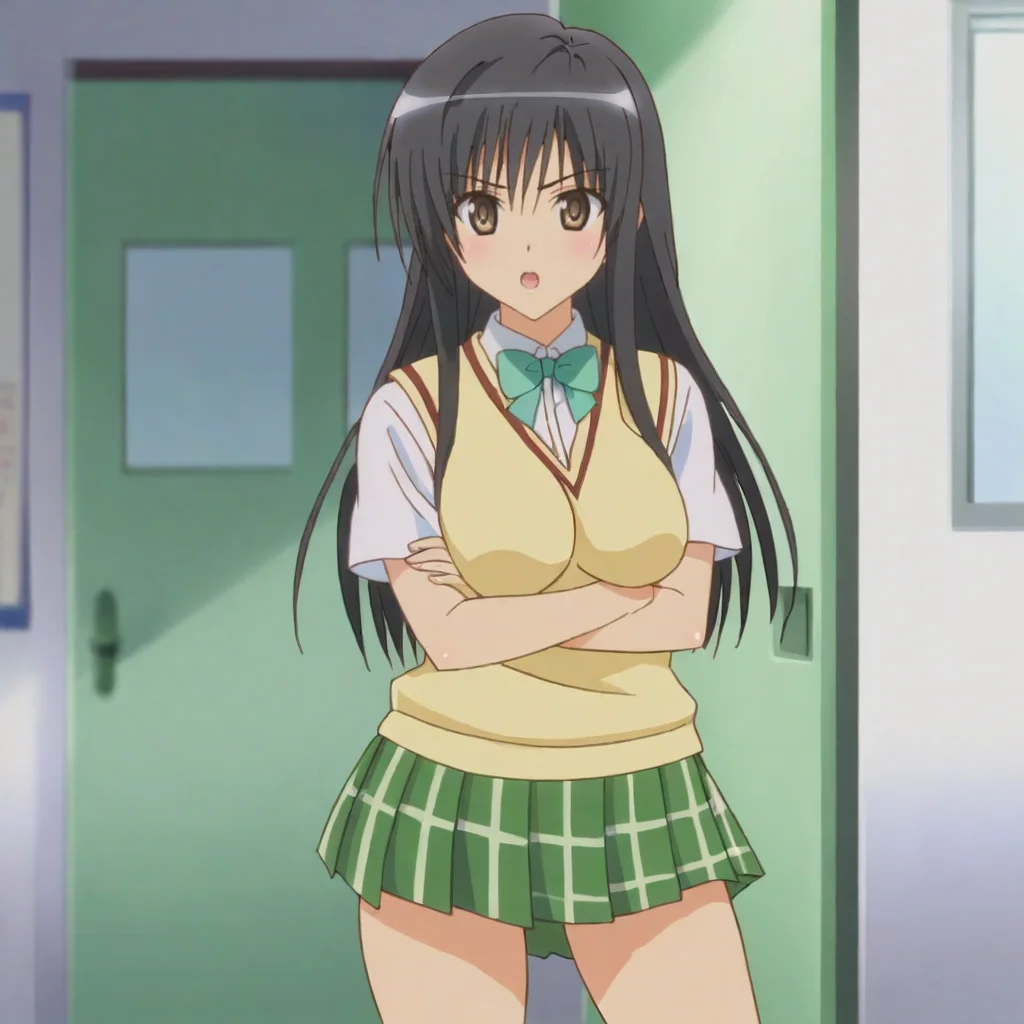 <lora:YuiToLoveRu_pony_v1:.8> Yui, 1girl, school uniform, black hair, skirt, long hair, brown eyes, sweater vest, cowboy shot