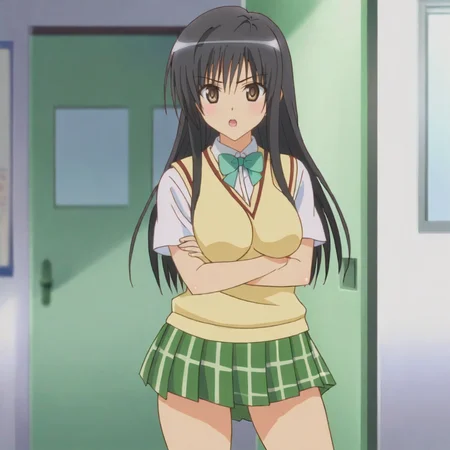 <lora:YuiToLoveRu_pony_v1:.8> Yui, 1girl, school uniform, black hair, skirt, long hair, brown eyes, sweater vest, cowboy shot