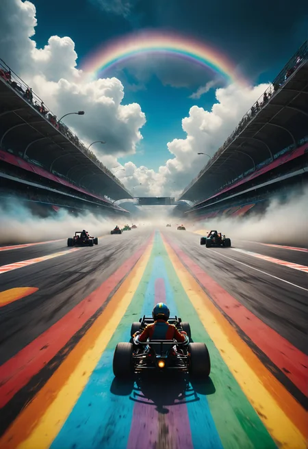 Adventurers race go-karts through a rainbow-colored racetrack suspended in the clouds.
extremely detailed,
many details, extreme detailed, full of details,
Wide range of colors., Dramatic,Dynamic,Cinematic,Sharp details
Insane quality. Insane resolution. Insane details. Masterpiece. 32k resolution.
<lora:add-detail-xl:0.95> <lora:dvr-lnds-sdxl:0.3> dvr-lnds-sdxl <lora:MJ52:0.25> <lora:ral-apoctvisn-sdxl:0.3> ral-apoctvisn <lora:zavy-cntrst-sdxl:0.35> dark, chiaroscuro, low-key <lora:zavy-rmlght-sdxl:0.41> zavy-rmlght <lora:SDXLFaeTastic2400:0.225>