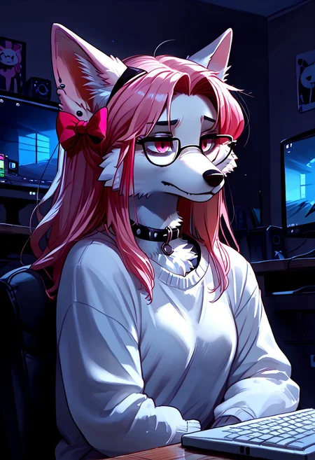 score_9, score_8_up, score_7_up, easynegative, realistic style, detailed face, solo, anthro, furry, Expressiveh, masterpiece, raw quality, best quality, extremely detailed, stunning beautiful, high definition, HD, cute, girl, BREAK Keiko, 1girl, solo, furry female, animal ears, tail, collar, multicolored hair, spikes, long hair, ear piercing, wolf ears, hair bow, glasses, body fur, white fur, pink fur, two tone fur, pink hair, pink eyes, wolf tail,
jaded, jaded expression, tired, half closed eyes, closed mouth, small black cloud sketched above her head, bags under eyes,
inside, indoors, bedroom, Desk, Chair, Keyboard, Mouse (PC), RGB, Gamer, Neon. Laptop, HDA_pet_play,
night time, in the dark, fca_style, Low-key lighting, light coming from the screen,