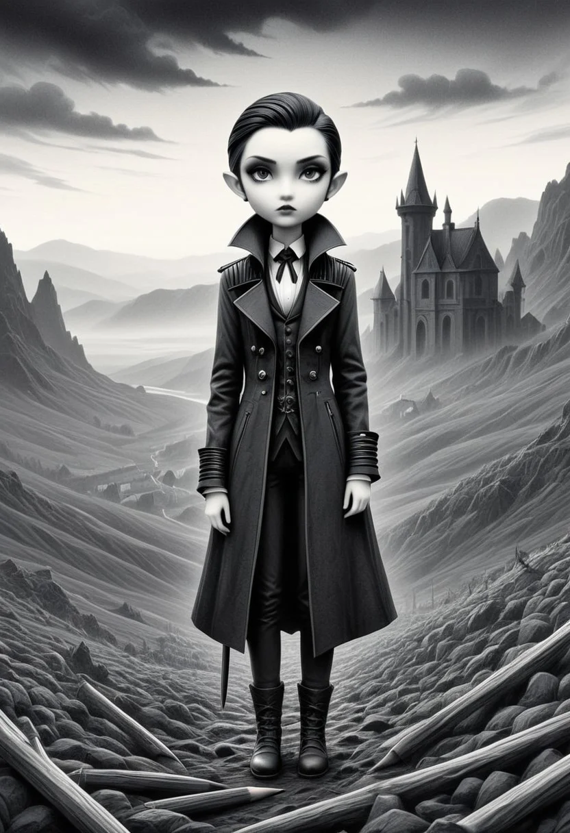 Pencil_morph_style,
Chibi Vampire
expressive ink-drawn characters over stark black-and-white landscapes, melancholic and moody atmosphere, loose graphic novel linework meets poetic documentary photography, deep atmospheric contrast, memory and history infused into surreal realism, cinematic yet intimate storytelling