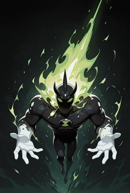 <lora:alienx-09:1> alienx, 1boy, green eyes, horns, matte black skin, dynamic pose, white hands, wide face, white spots on body, <lora:Breath_weapon:1> breath_weapon ,green fire , spitting fire,, masterpiece, best quality, amazing quality, very aesthetic, absurdres, newest,