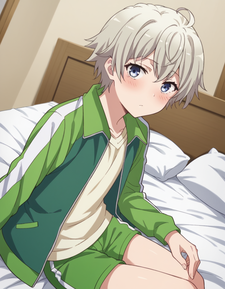 score_9, score_8_up, score_7_up, source_anime,
saikatotsuka, <lora:saika-totsuka-s2s3-ponyxl-lora-nochekaiser:1>,
saika totsuka, blue eyes, ahoge, grey hair, androgynous,
jacket, green jacket, shirt, white shirt, open jacket, shorts, green shorts, raglan sleeves,
indoors, bed, bed room, on side, blush, drunk,
looking at viewer, cowboy shot, solo, dutch angle,