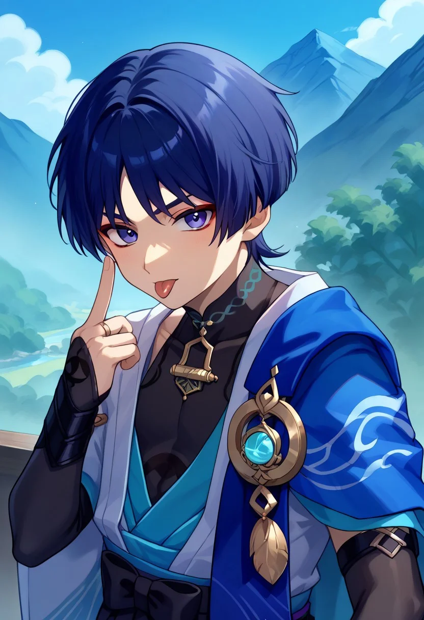 score_9, score_8_up, score_7_up, source_anime, highly detailed,
scaramou,1boy, male focus, solo, indigo hair, short hair, bangs, purple eyes, red eyeshadow,, japanese clothes, mandarin collar, shirt, black shirt, sleeveless, vest, blue vest, open vest, cape, blue cape, elbow gloves, black gloves, fingerless gloves, akanbe, tongue out, eyelid pull, finger to eyelid, looking at viewer,
outdoor, mountains,