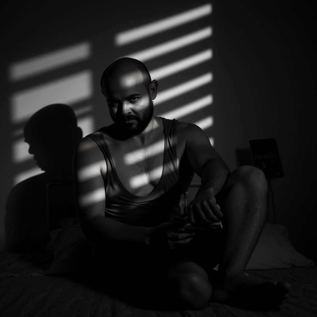 <lora:casting shadows style v1:1>
cucoloris,  light modifier, casting shadows, A cucoloris patterned illumination casting a diagonal shadows on a woman sitting on a bed with a phone, solo, looking at viewer, gloves, 1boy, sitting, monochrome, greyscale, male focus, indoors, bald, cinematic, film, filmic, casting shadow, venetian blinds casting shadow light, shadow on face, face partially covered in shadow, different shadow, window casting shadow light, cinematography, detailed, detailed background, detailed face, high quality, 8k, cuculoris, kookaloris, cookaloris or cucalorus, light modifier, different light pattern, creative light, unique shadow, casting shadow style, a scene from film noir movie, holding, facial hair, blurry, mask, realistic