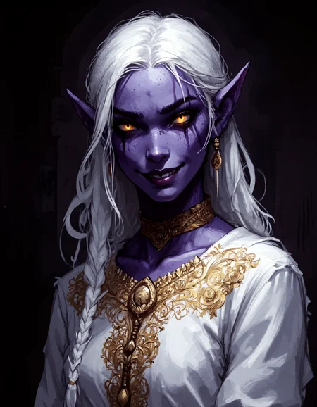 cflxillst
wc1dnd_style
FFRussNicholson

A highly detailed close-up portrait of a dark elf courtesan. 
She has a beautiful yet malevolent figure and wears a luxurious white tunic richly embroidered with intricate golden patterns. 

She has small breast and is otherwise highly seductive.

Her deep violet skin contrasts elegantly with the fine fabric. 
Her eyes glow with a seductive yet wicked glint, hinting at both allure and danger. 
Her long, silver-white hair cascades down her shoulders in soft waves. 
Her lips are slightly parted in a knowing smirk, exuding confidence and mystery. 


The lighting is dramatic, casting deep shadows that emphasize her sharp, angular features. The background is blurred and dark, evoking the mysterious depths of the underworld.


