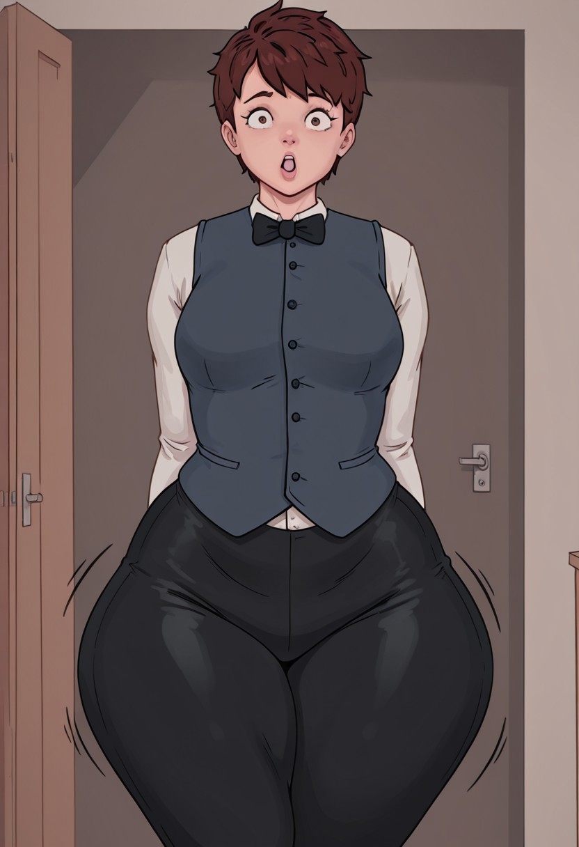 1girl,looking at viewer,, solo, ,wide hips,thick thighs,alexandra,black pants,suit vest,bowtie,brown hair,expressive, masterpiece,best quality,amazing quality