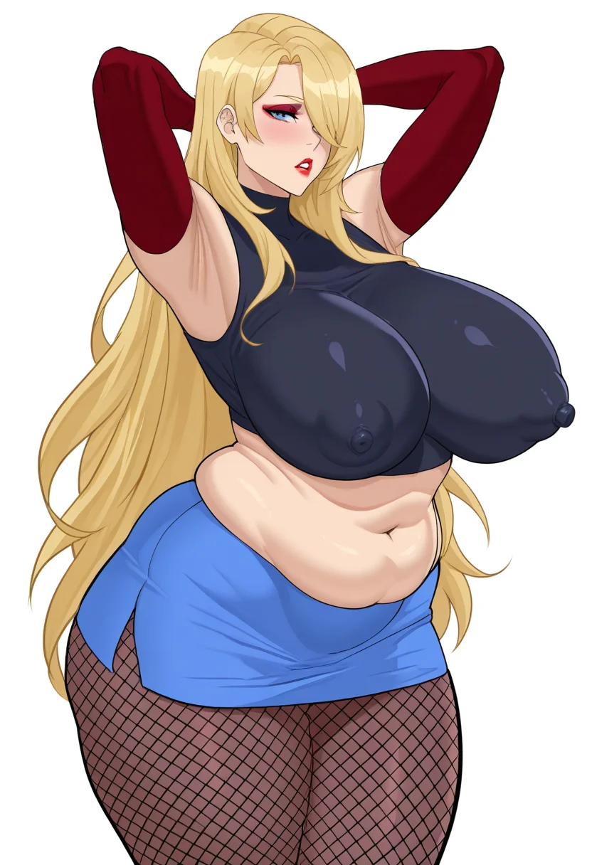 masterpiece, best quality, uncensored,
<lora:cyberboi:1> c1b3rb01, 1girl, solo, long hair, breasts, looking at viewer, blush, blue eyes, skirt, blonde hair, simple background, white background, navel, very long hair, pantyhose, parted lips, midriff, armpits, hair over one eye, huge breasts, arms up, covered nipples, makeup, lipstick, fishnets, arms behind head, curvy, plump, mature female