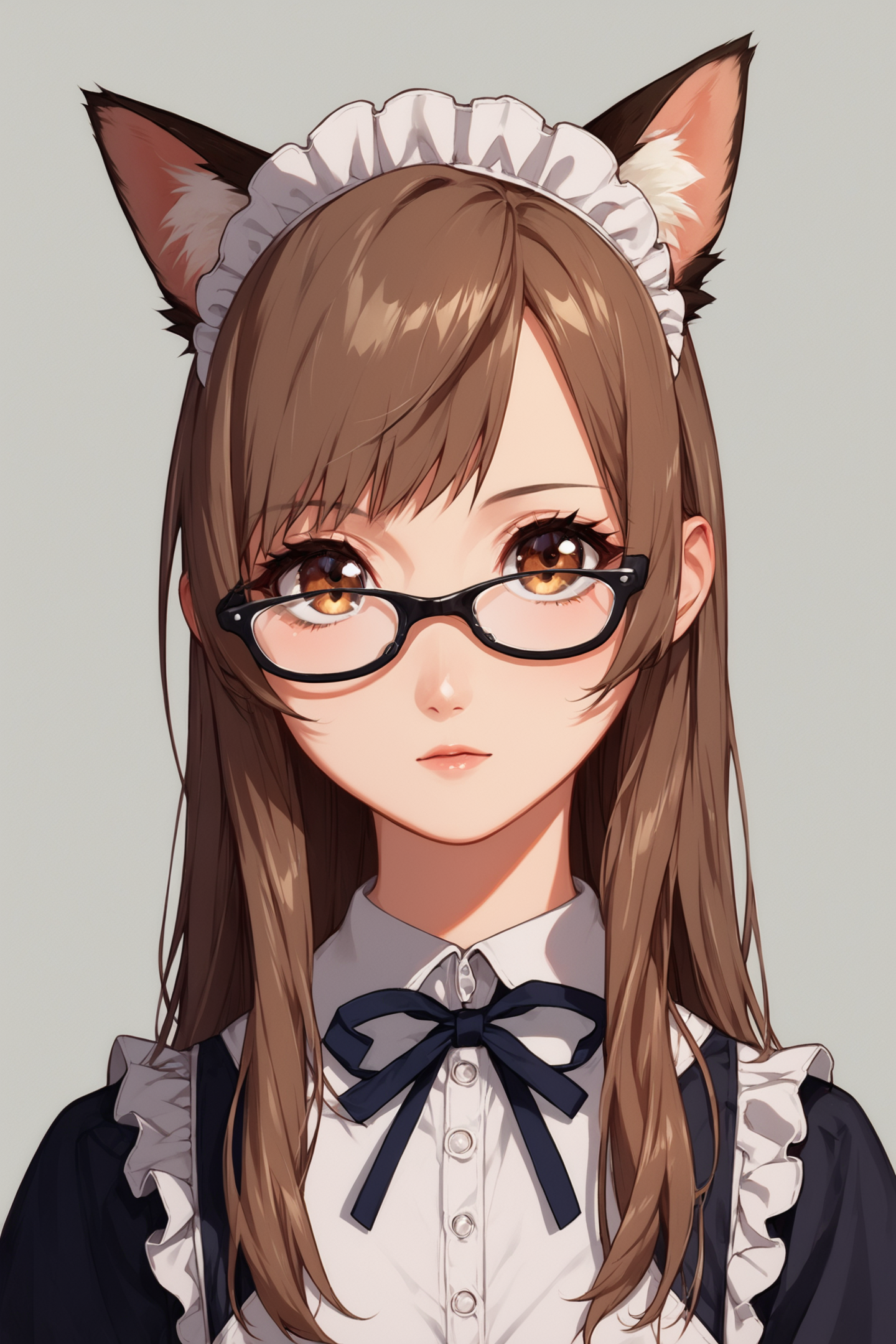 Monaka Noguchi,1girl,solo,thighhighs,glasses,animal ears,maid,long hair,tail,brown hair,brown eyes,upper body,score_9,score_8_up,<lora:Yasuomi Umetsu_XL_PONY:0.8>,
