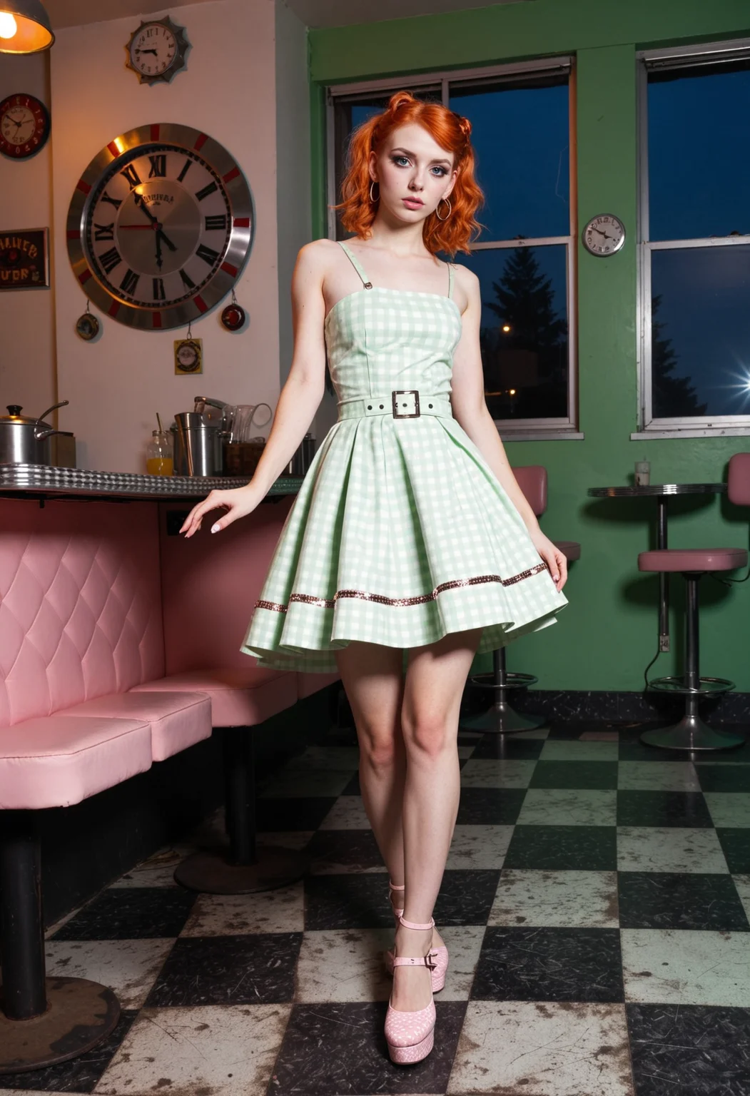 Lifestyle wide angle photo showing young slim montenegrin woman, 26yo, with light green eyes seen in a cute pose. She has ginger hair and glittery pastel pink e-girl makeup, wearing everyday linen one shoulder dress in a chequered design, completed by mary jane shoes with metal accents. The look is topped off with dangle earrings. Set inside an atompunk design diner in 50s style, decorated with an authentic checkerboard floor, on a dark clear spring night. With soft rim-lighting, hyperrealistic, bloom, highly detailed <lora:dmd2_sdxl_4step_lora>