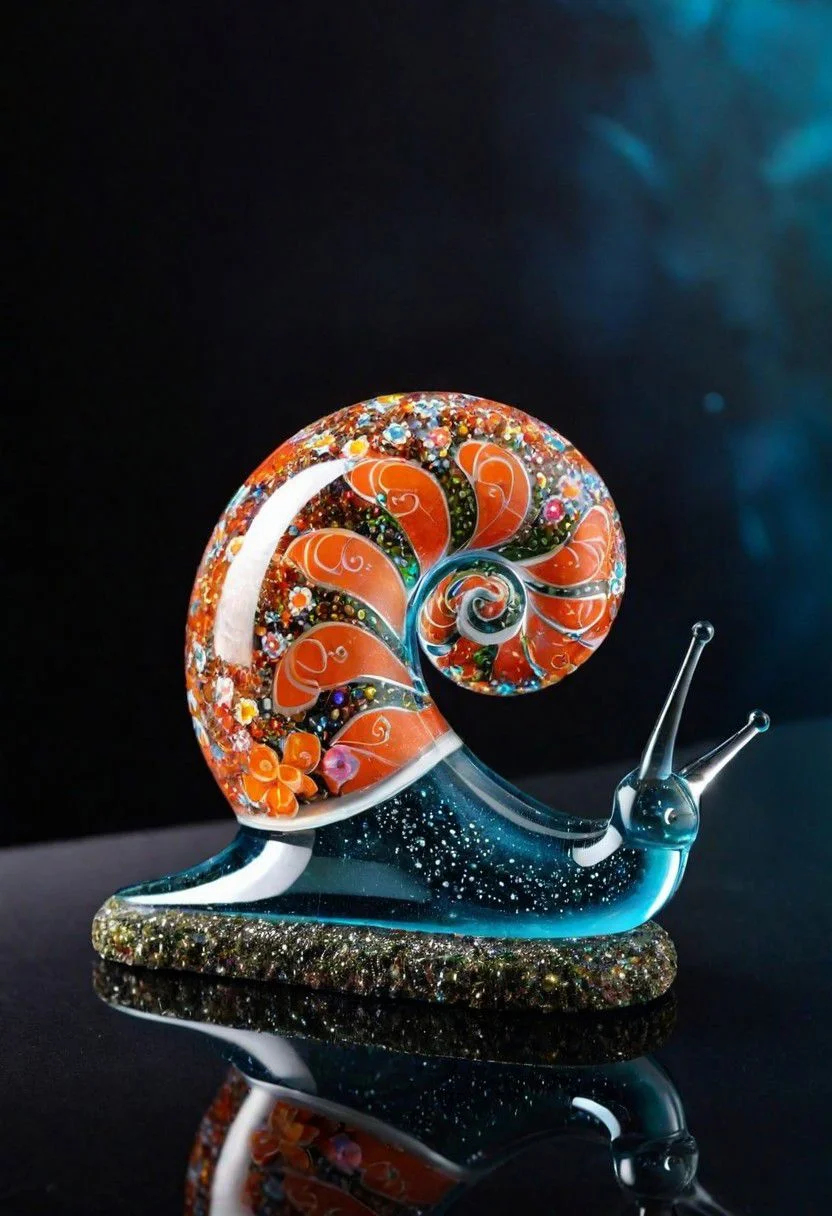 a close up of a snail figurine on a table, inspired by Quirizio di Giovanni da Murano, cloisonnism, realistic glass sculpture, 84mm), closeup photo, h 7 0 4, version 3, 1/320, glass flowers, high quality product image , coral reef, flora and fauna, cosmic nebula, dark background christian dior style, with frozen flowers around her, stunning-design, beutifull, side profile artwork, glass figurines, multicoloured, displayed, backlight