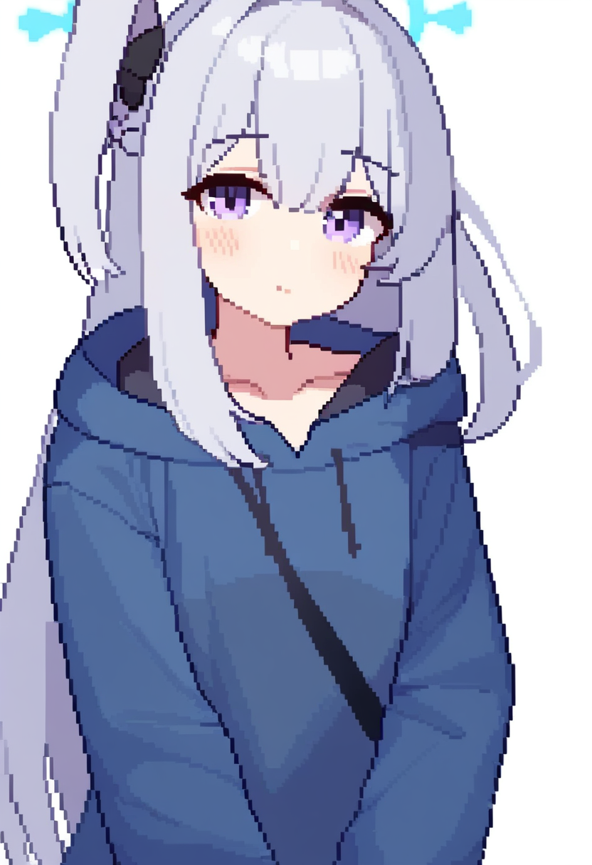 masterpiece,best quality,very aesthetic,absurdres,<lora:pixel_art_v1:1>,1girl, blue_halo, blue_hoodie, blush, closed_mouth, collarbone, grey_hair, hair_between_eyes, halo, highres, hood, hood_down, hoodie, long_hair, long_sleeves, looking_at_viewer, miyako_\(blue_archive\), miyako_\(young\)_\(blue_archive\), one_side_up, pixel_art, purple_eyes, simple_background, solo, upper_body, v, white_background