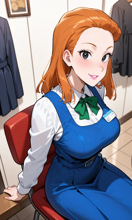 (masterpiece, best quality, ultra-detailed, very aesthetic), questionable, newest, 1girl, looking at viewer, (cowboy shot:1.3),indoor, smile, department store, <lora:koshitani-junko:0.9> (koshitani-junko), (black eyes, orange hair, medium hair, hair slicked back, forehead, pink lips), (blue dress, pinafore dress, medium dress, white collared shirt, long sleeves, green bowtie, name tag), (large breasts), 
 from side, sitting chair, hands on lnees,