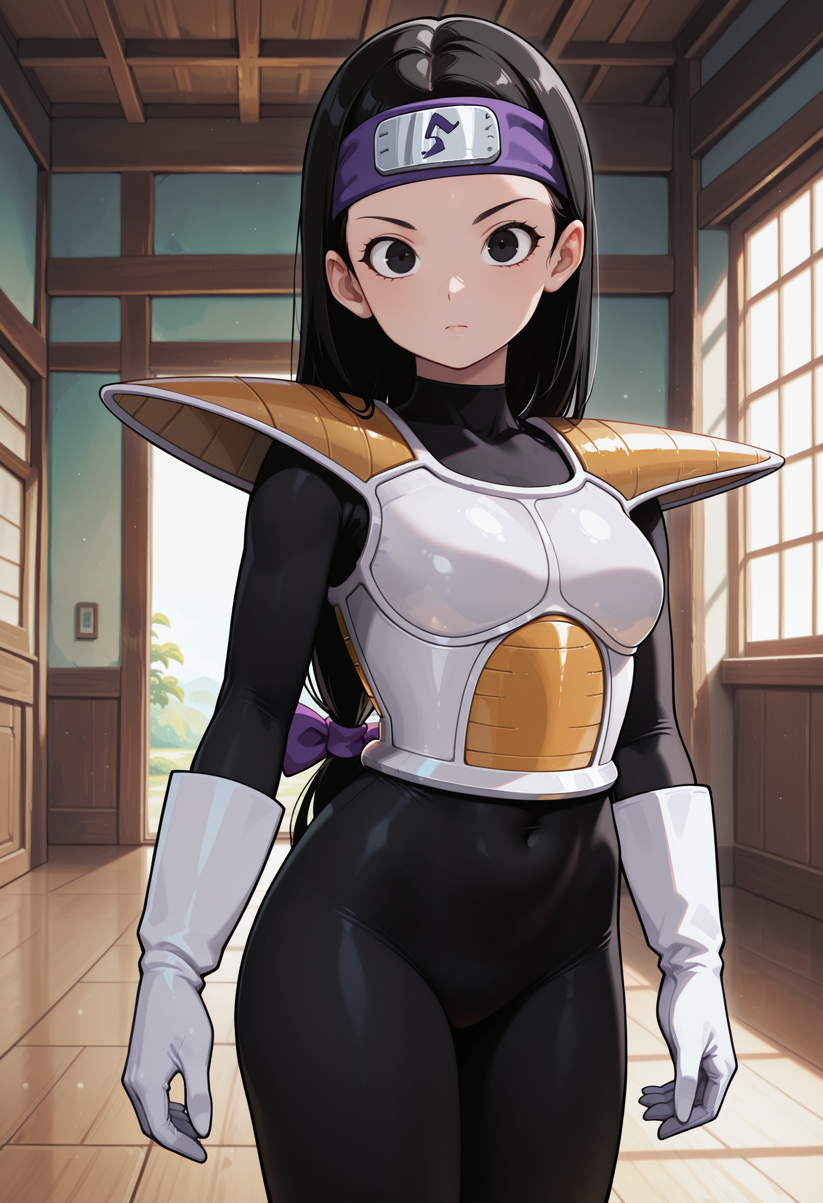 Tsch, 1girl, black hair, low-tied long hair, black eyes, purple bow, forehead protector, white saiyan armor, shoulder pad, black bodysuit, white gloves, white boots, looking at viewer, indoors, best quality, very aesthetic, masterpiece,
