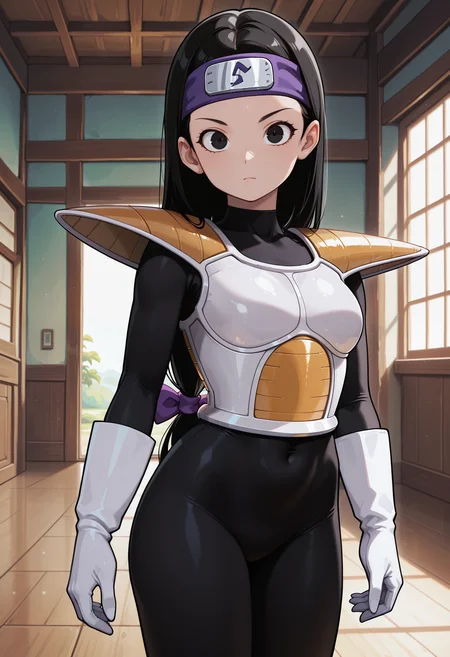 Tsch, 1girl, black hair, low-tied long hair, black eyes, purple bow, forehead protector, white saiyan armor, shoulder pad, black bodysuit, white gloves, white boots, looking at viewer, indoors, best quality, very aesthetic, masterpiece,